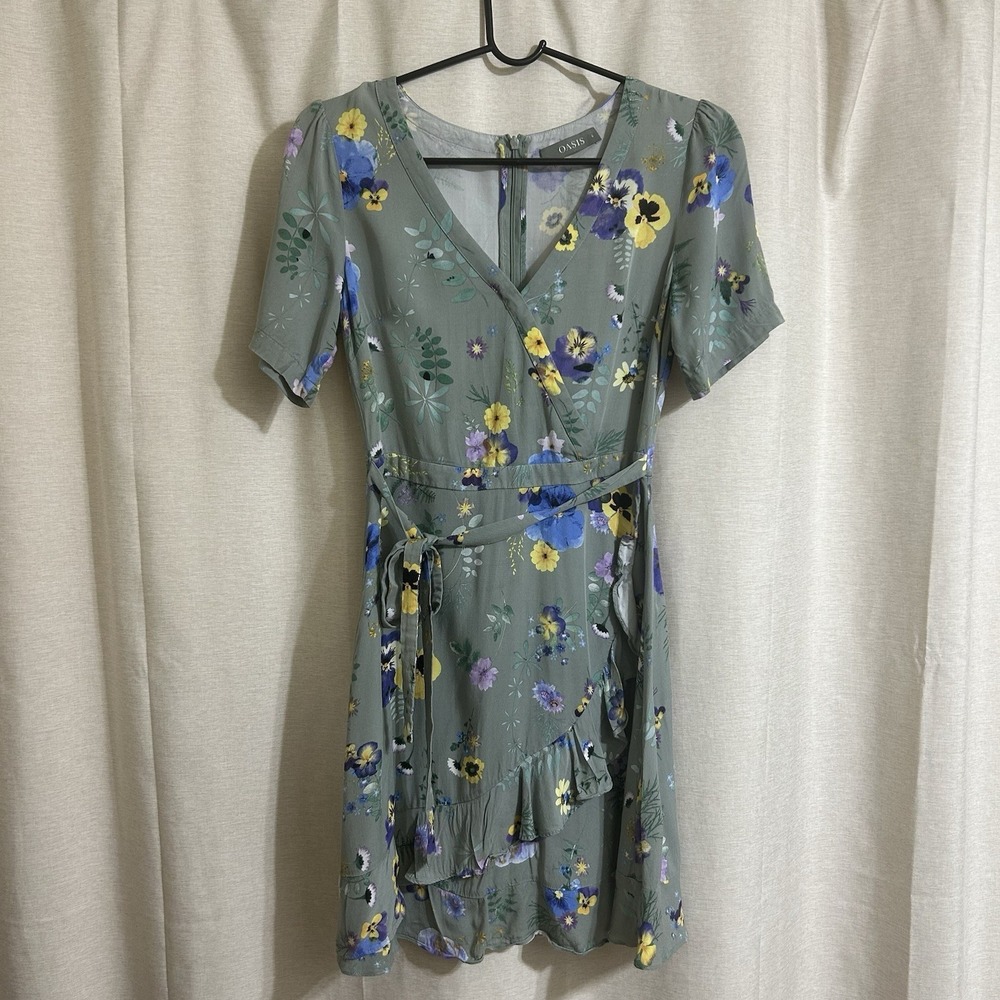 Y2K V-neck short sleeves wrap style ruffled hem Green floral pattern Dress Sz S - Picture 2 of 9